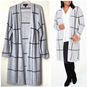 100% Cashmere Charter Club XL Windowpane Grid Print Longline Open Cardigan